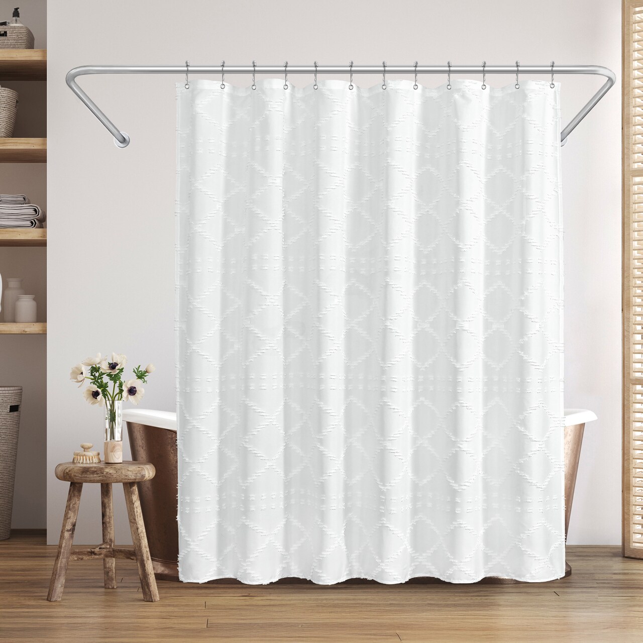 Americanflat 71x71 White Woven Shower Curtain with Tassel And Accents - Includes 12 Grommets and Hooks - 100% Polyester